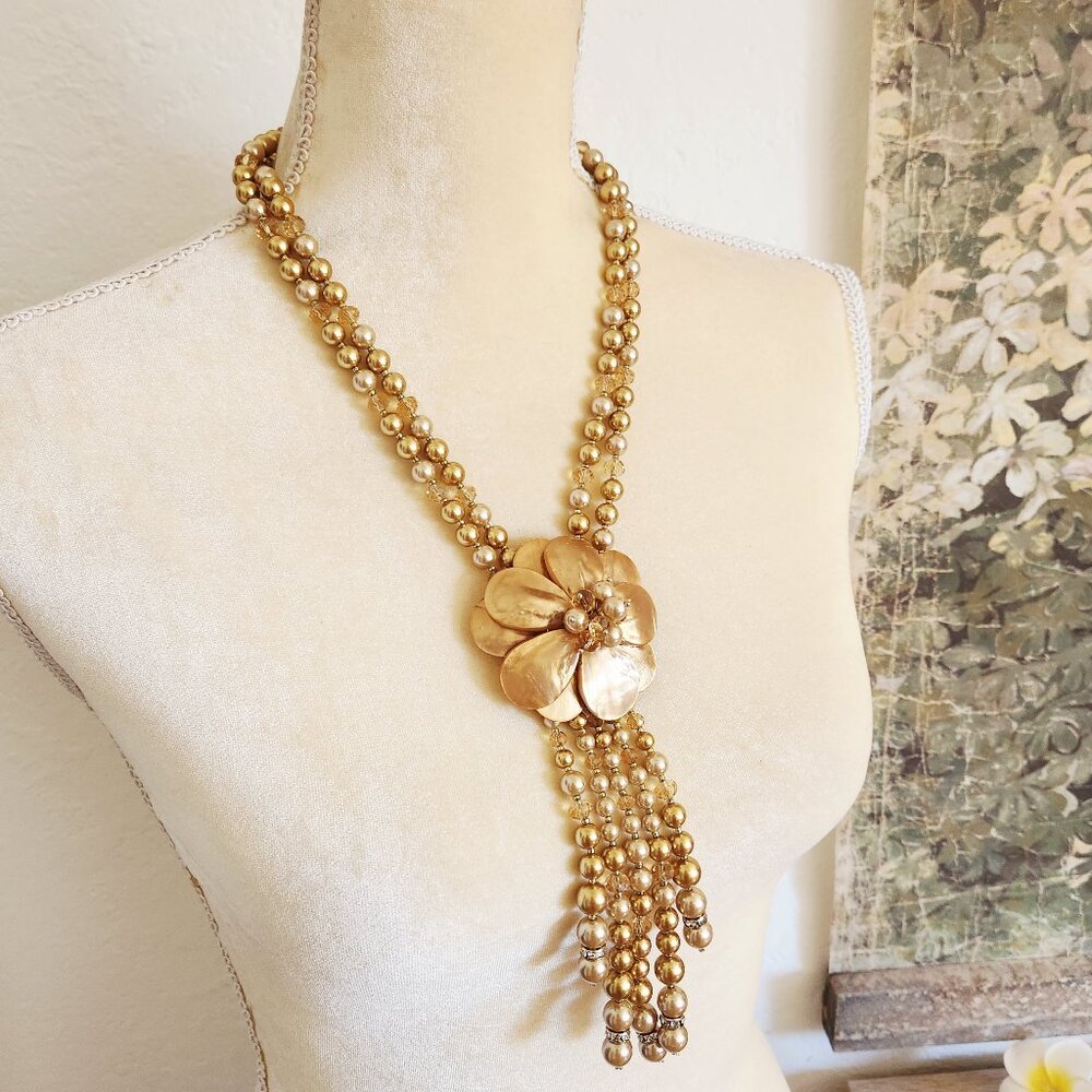 Joan Rivers Startlet Style Simulated Glass Pearl Gold Tone Floral Fringe Drop